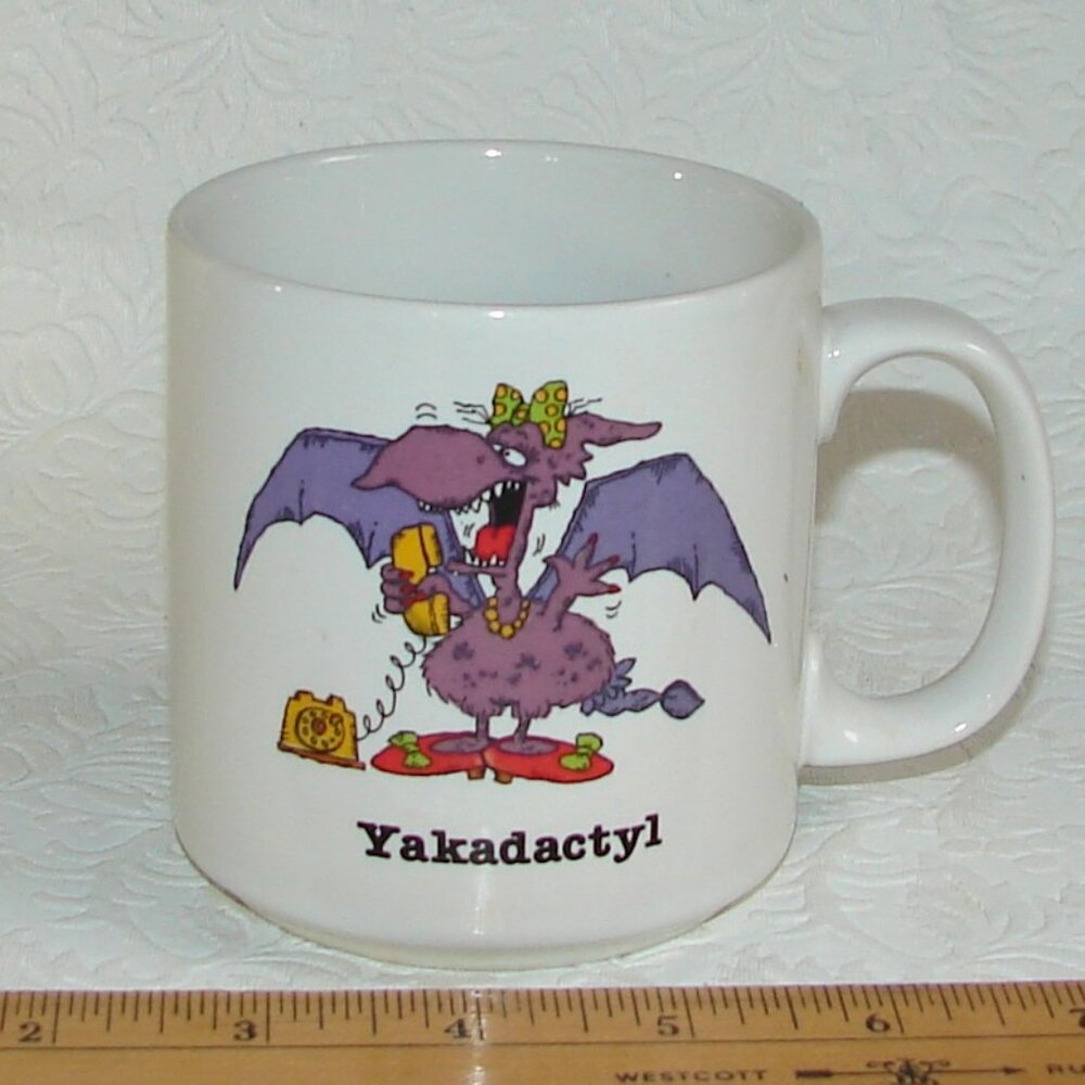 Vtg 80's Dino-Mania 'Yakadactyl' CUP/MUG, DInosaur Parody Gossip, Russ Berrie